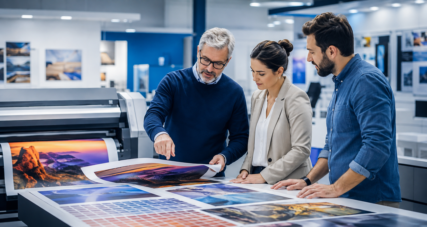 Experienced print technology specialist reviewing large format print samples with clients